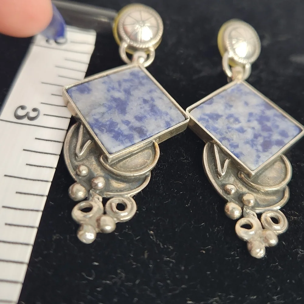 Stamped vintage 925 silver/Sodalite tile modern design handcrafted earrings - Picture 5 of 5